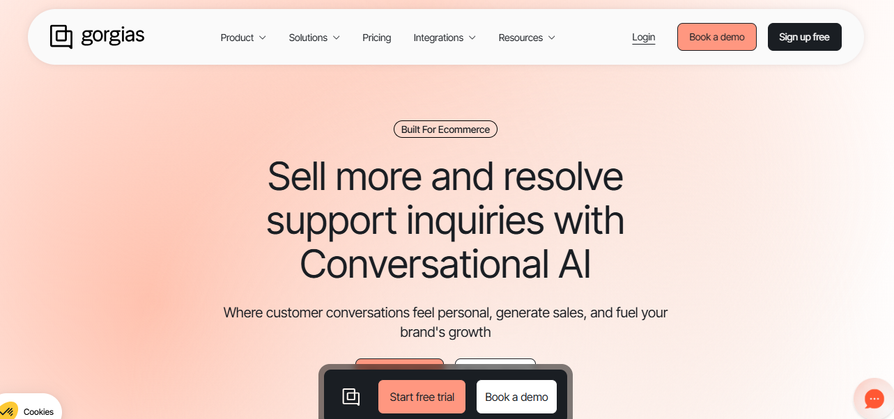Gorgias helpdesk dashboard inside Shopify showing unified inbox with email, chat, social media tickets and customer order data in sidebar