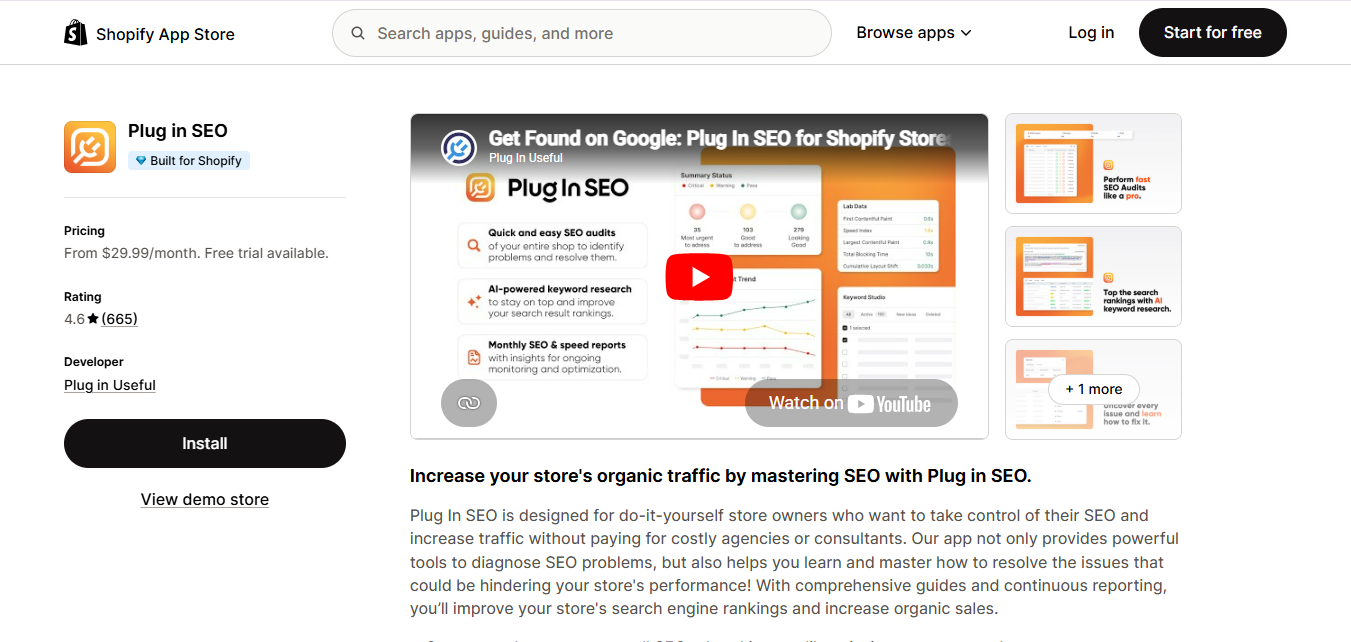 Plug in SEO audit dashboard showing SEO issues, fixes and priorities for a Shopify store