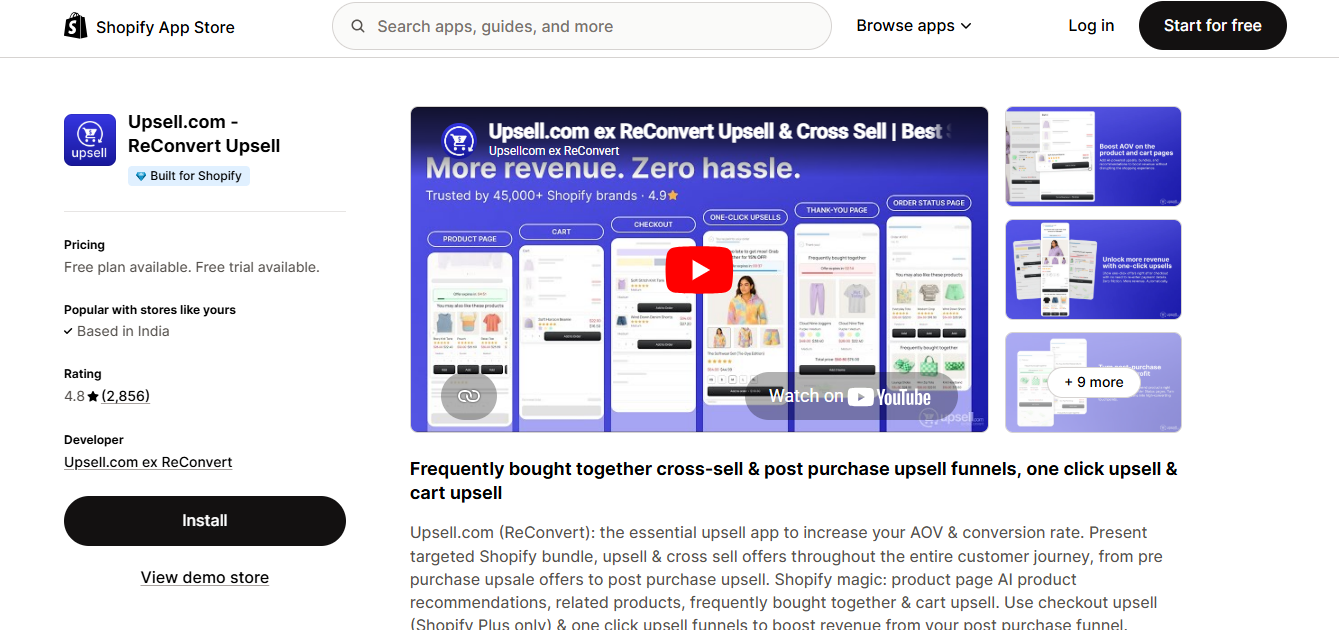 ReConvert thank you page builder dashboard showing upsell offers, countdown timers and product recommendation blocks