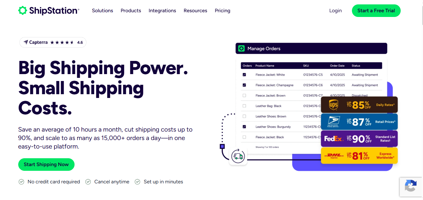 ShipStation orders dashboard showing multi-channel order management, carrier rate comparison and bulk label printing for Shopify stores