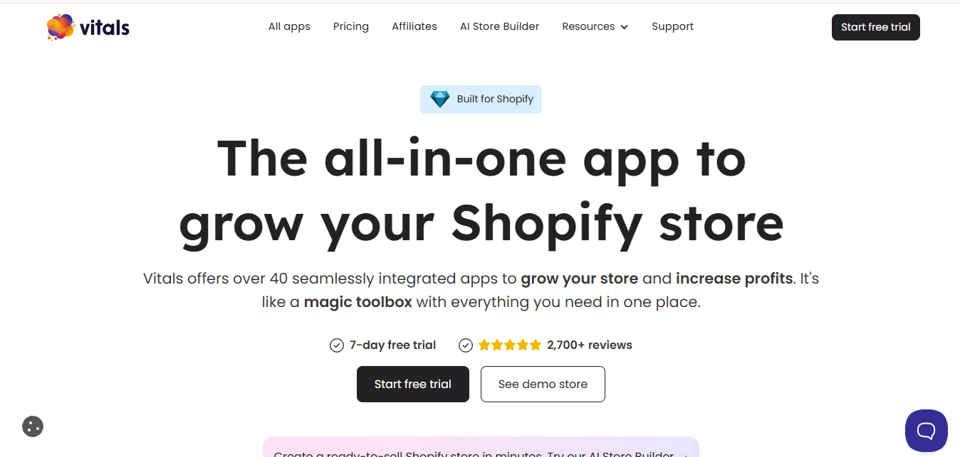 Vitals all-in-one Shopify app dashboard showing 40+ built-in tools including reviews, upsells, trust badges and visitor replays